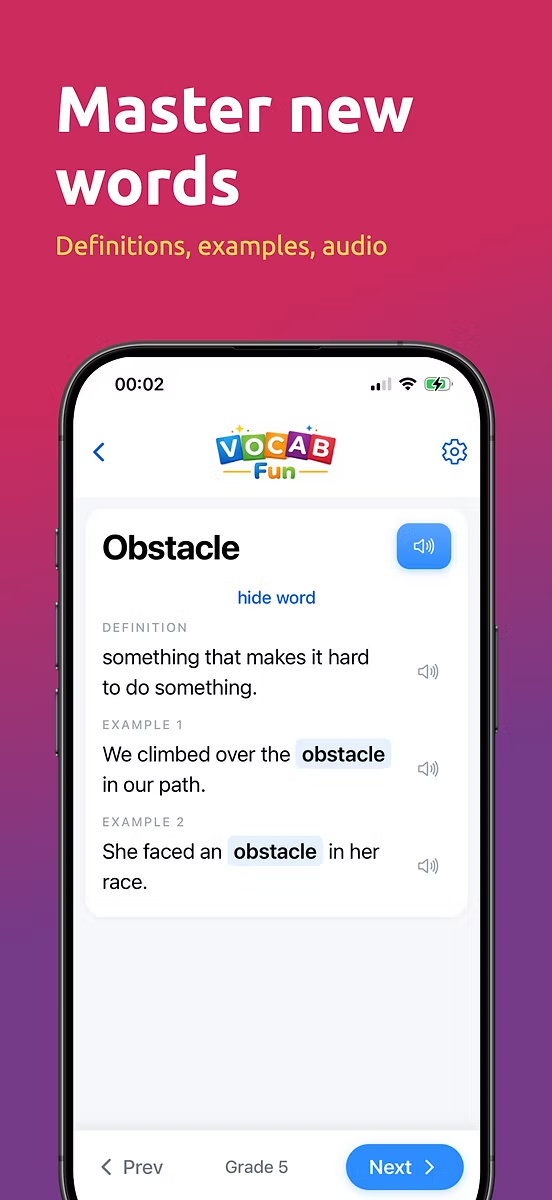 The word 'Obstacle' shown with definition, two example sentences, and audio playback buttons.