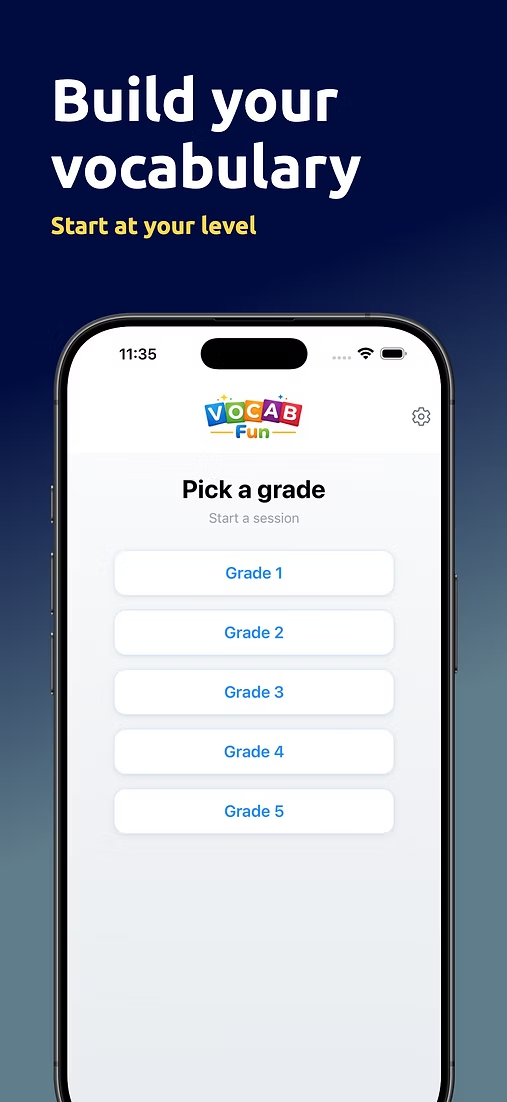 Grade picker — start a session at any level from Grade 1 to Grade 5.