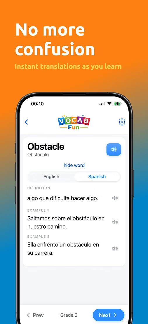Side-by-side translation of 'Obstacle' as 'Obstáculo' with Spanish example sentences.