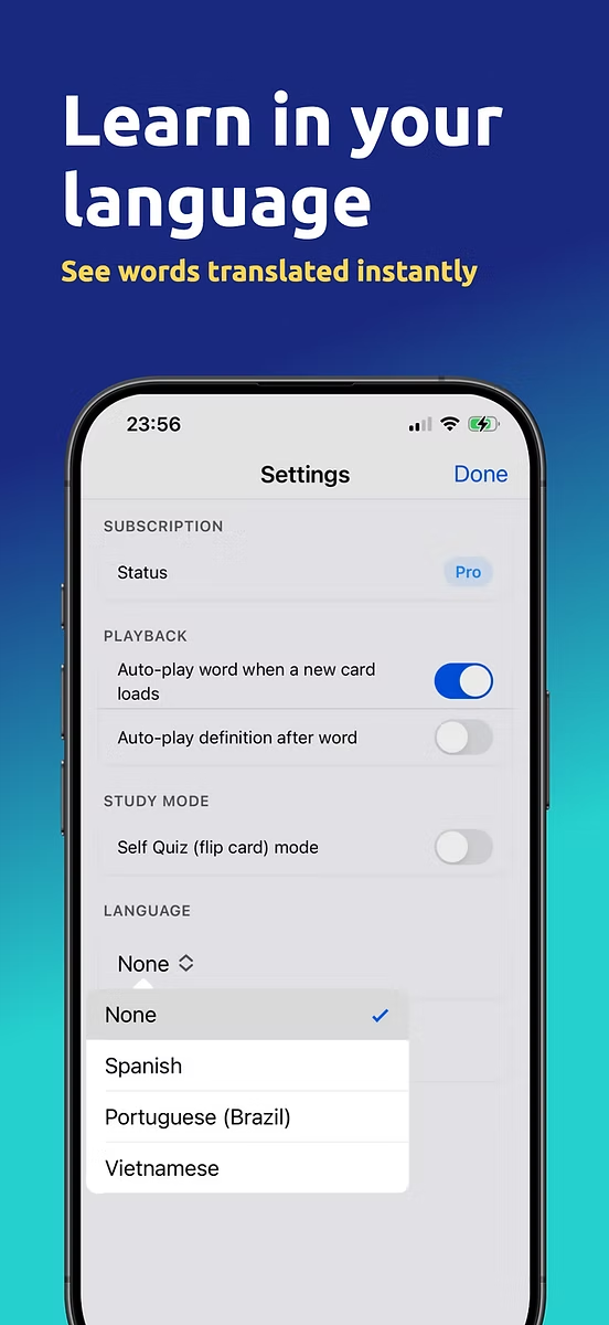 Language settings offering Spanish, Portuguese (Brazil), and Vietnamese.